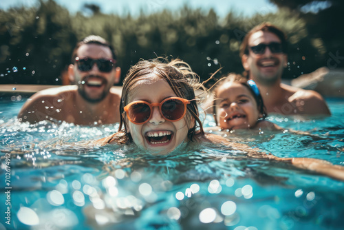 Happy family has fun in the pool and enjoys the summer. Smiling and laughing