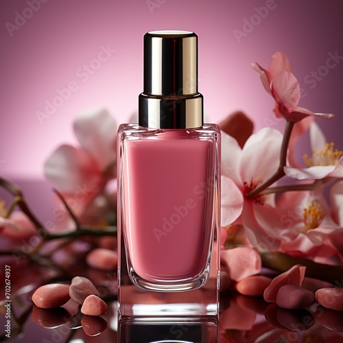 Against a gradient background, a single opaque bottle of matte pink liquid blush, cosmatic