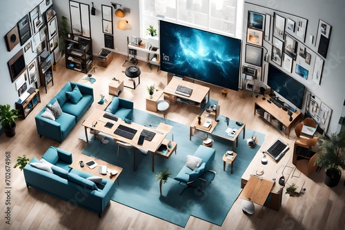 An overhead shot of a technology-filled living room with gadgets, creating a modern space for a tech-themed message.