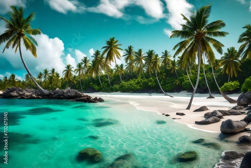 A panoramic view of a secluded beach with palm trees swaying in the breeze and turquoise waters lapping at the shore.