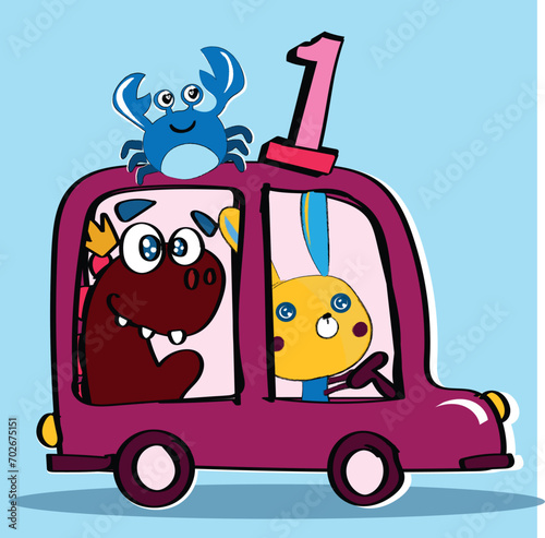 Vászonkép Cartoon animals partying for the new year, the celebration of 1 January