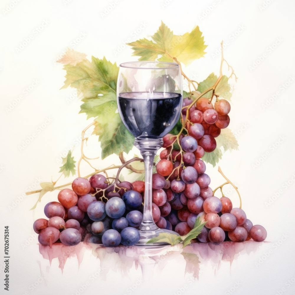 Stylish watercolor illustration. A glass of wine with a branch of grapes inside. Stylish watercolor illustration. A glass of wine with a branch of grapes inside.