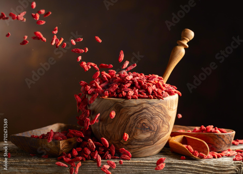 Dried goji berries in wooden bowl on a brown background. photo