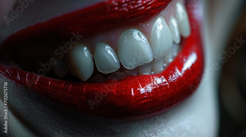 Lips stained with bright red, glossy lipstick, almost indecent or vampire-like. photo