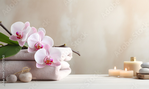 Spa set on white table  including beauty and fashion items. Spa towel with candle  plumeria  and tree also on table. with free space for text