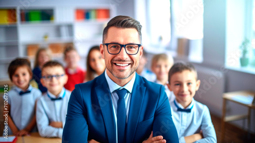 Portrait of a male teacher smiling, with students in the background. AI generated.
