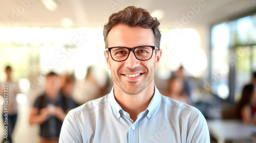 Portrait of a male teacher smiling, with students in the background. AI generated.