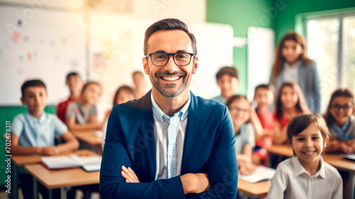 Portrait of a male teacher smiling  with students in the background. AI generated.