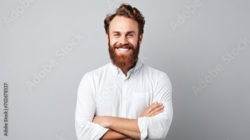 Mixed-Race Mans Casual Studio Pose smile. White teeth. gray background.