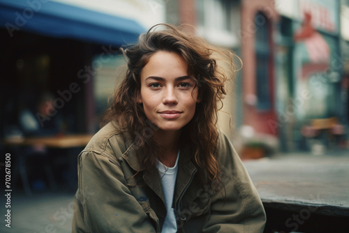 Portrait of a beautiful young smiling woman on a city street during a spring day