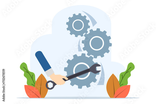 Repair concept, businessman hand grip wrench essential to make machine work well, business solution to fix problem, expertise and skills to drive success. Vector illustration on white background.