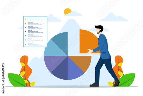 investment asset allocation and rebalancing concepts. businessman investor or financial planner standing on ladder to set pie chart as rebalancing investment portfolio to match risk and return.