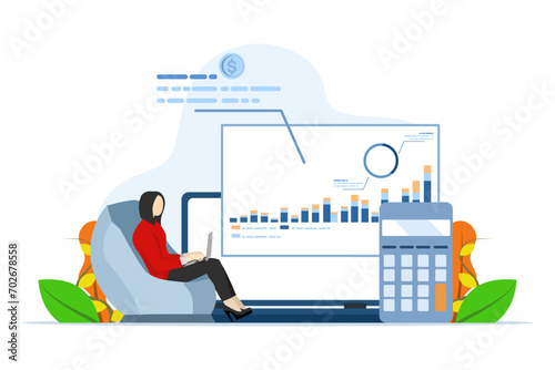 Financial report concept, character analyzing graphs, balance sheets, profit and loss statements and other business data, financial management, flat vector illustration on a white background.