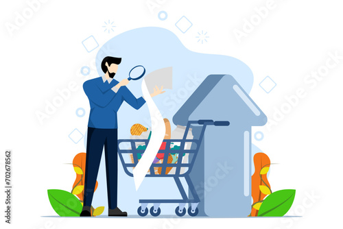 inflation concept. Consumer price index growth and financial crisis concept. The character buys food at the supermarket and is worried about rising food prices. Flat vector illustration.