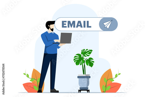 businessman using laptop for email subscription form on website. Subscribe to emails to send newsletters about product promotions and updates, online communications and marketing concepts. vector.
