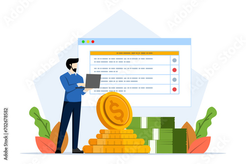 Financial audit concept. financial concept. Characters calculate and fill taxes, analyze public finances, put ticks on checklists. flat vector illustration on white background.