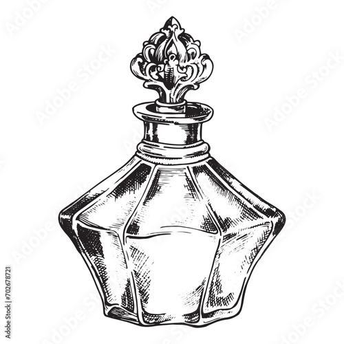 bottles with perfume, vector drawing in sketch style. vintage