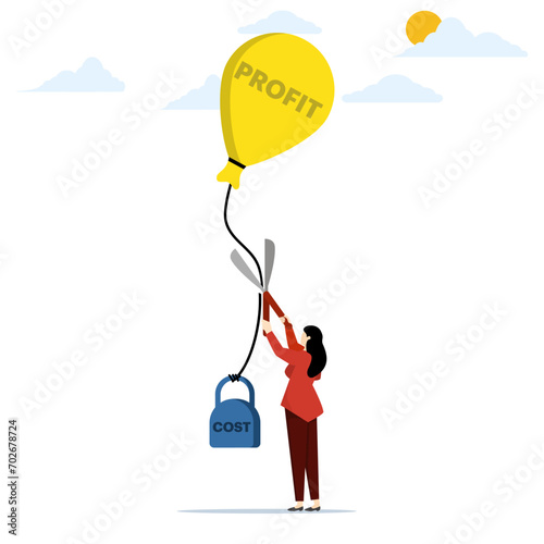 Businesswoman uses scissors to cut big costs and let profits flow. Cost reduction, cutting costs to increase profits, increasing business profitability by reducing costs. flat vector illustration.