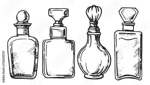 set of bottles with perfume, vector drawing in sketch style. vintage bottles