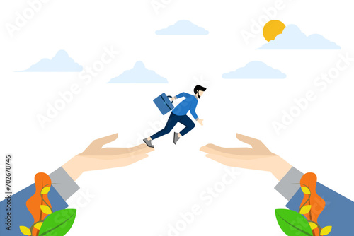 confident businessman jumping from giant hand to new place. Changing jobs or careers  getting out of a toxic position  concept of improvement  determination and courage to change to a better place.