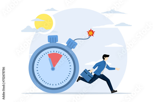 Time management concept. Businessman running away from time countdown bomb about to explode. a countdown to a project deadline or a problem or difficulty in shipping or launching a product.