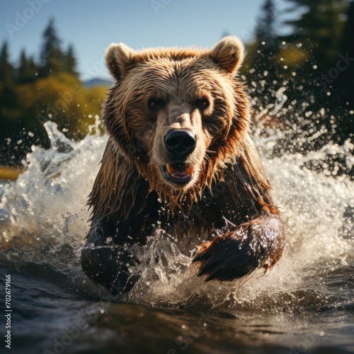 Photo of a magnificent and awe-inspiring grizzly bear fishing. Generative AI © Aditya