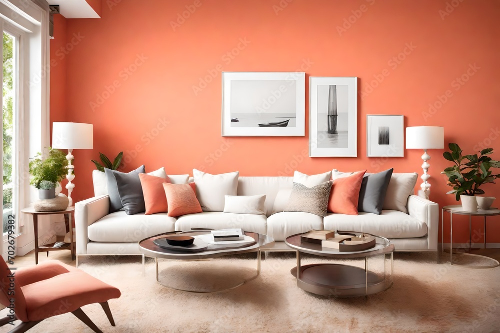 A contemporary living room with a white frame on a coral-colored accent wall, adorned with chic and straightforward furniture pieces.