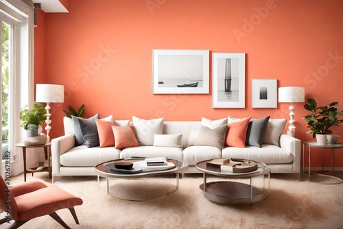 A contemporary living room with a white frame on a coral-colored accent wall, adorned with chic and straightforward furniture pieces. © NUSRAT ART