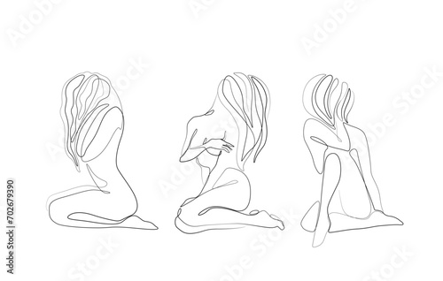 Woman abstract silhouette, nude body, single line on white background, continuous line drawing, tattoo and logo design, isolated vector illustration.