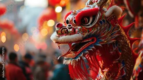 Chinese Red silk mascot dragon during street celebrations, Year of the dragon Chinese new year 2024, China lunar new year zodiac celebration asian cultural event gong xi fa cai  © Mohammad