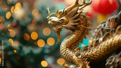 Photo Chinese Golden dragon with bokeh background, Year of the dragon Chinese new year