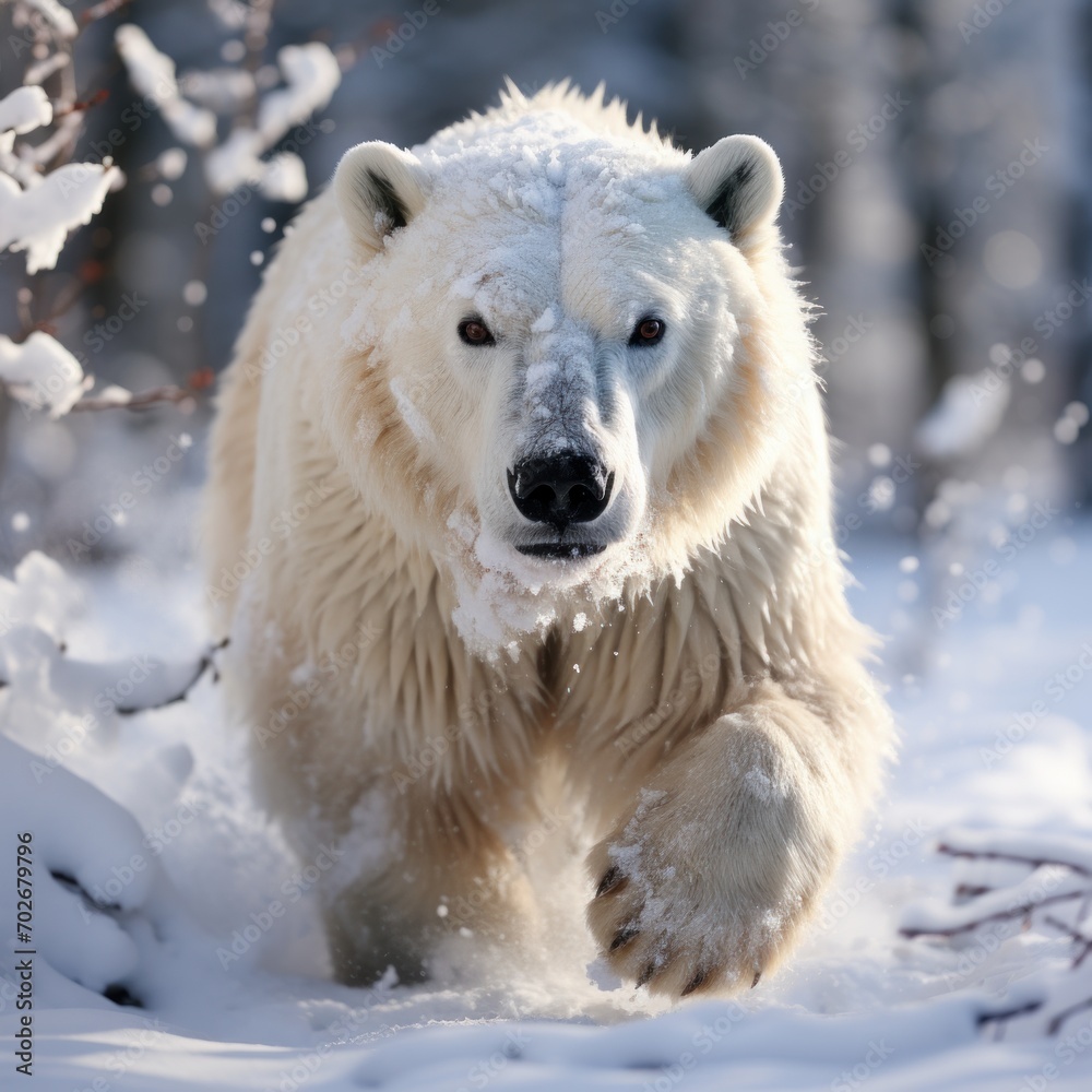 Photo of a majestic and imposing polar bear in the snow. Generative AI