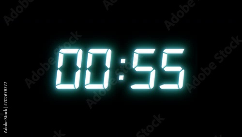 One minute digital clock countdown timer of glowing led white digits on  neon background. 60 Seconds Stopwatch. LCD display or CRT monitor Screen. 