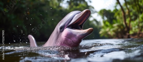 Pink river dolphin with open mouth, captured in Rio Negro, Novo Airao, Brazil photo