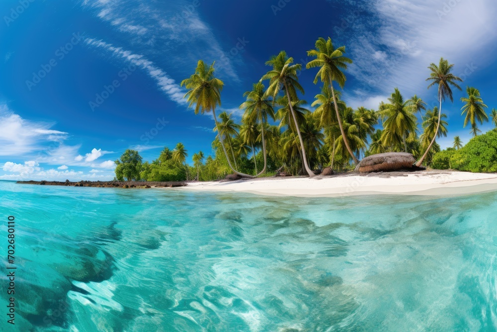 Obraz premium A panoramic view of a tropical beach with turquoise waters and palm trees 