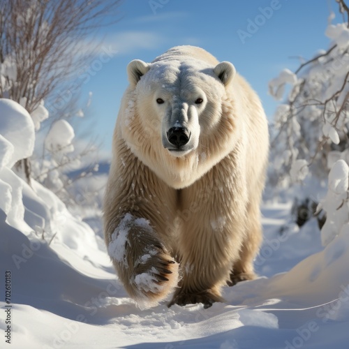 Photo of a majestic and imposing polar bear in the snow. Generative AI © Aditya
