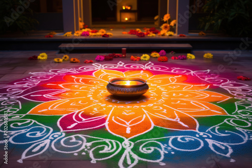 An elegant graphic representing a rangoli design, a traditional Indian art form made with colored powders, embellishing the entrance of a home during Holi photo