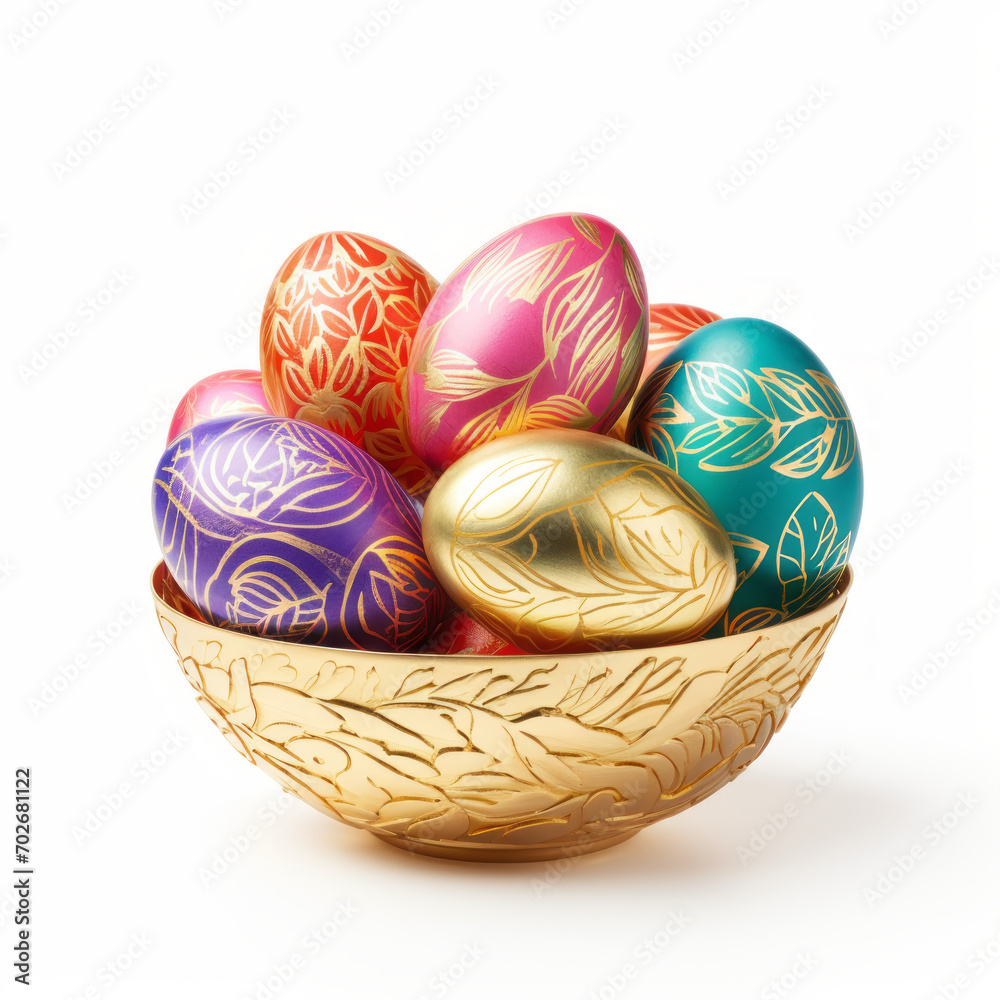 Colorful easter eggs in 3D golden basket Colorful easter eggs in 3D golden basket