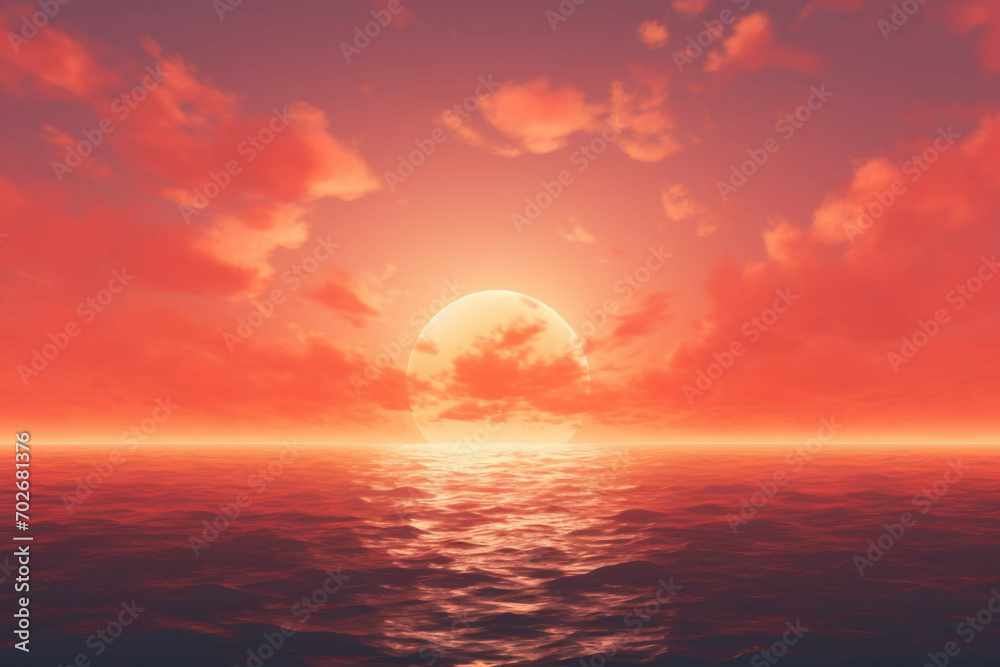 A close up of a vibrant and colorful sunset sky, with the sun barely visible in the horizon and the sky filled with deep oranges and pinks