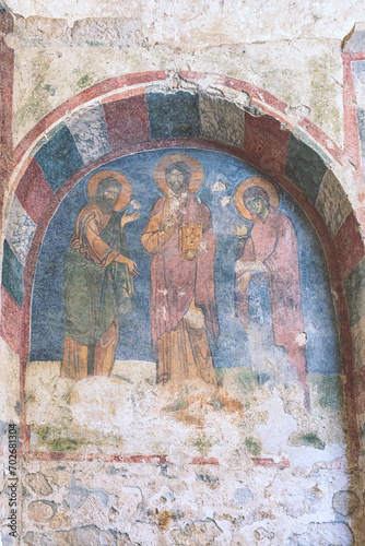 Deesis. Medieval fresco in the St. Nicholas church in Myra. Demre  Antalya  Turkey. Byzantine wall-painting. History of religion and art concept