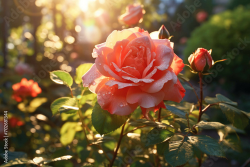 A close-up of a blooming rose in a garden, with the sun shining through its petals and a vibrant backdrop of lush greenery