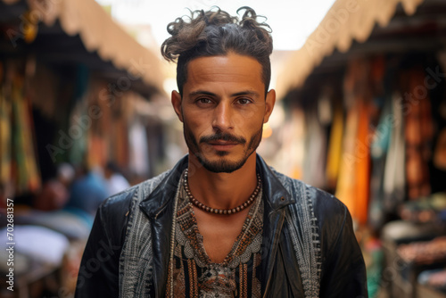 Moroccan handsome man wearing a mix of traditional and modern attire in the vibrant souks of Marrakech