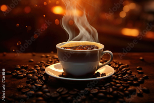 A close up of a freshly brewed cup of coffee with steam rising from the surface and a few coffee beans scattered around it