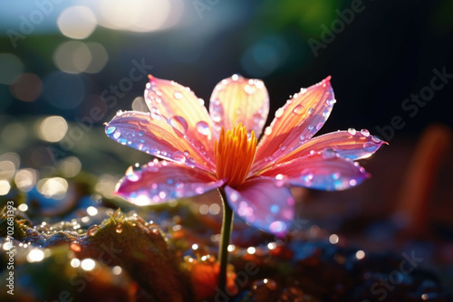 A closeup of a single colorful flower petal with morning dew drops reflecting the sunlight