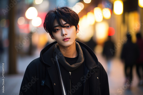 Korean boy with androgynous features, dressed in trendy, street-style fashion in the heart of Seoul © Hanna Haradzetska