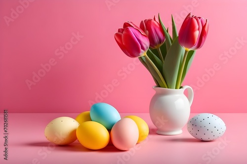 Creative-still-life-composition-with-easter-eggs-and-tulip-flower-on-bright-pink-background,easter-eggs-and-tulips