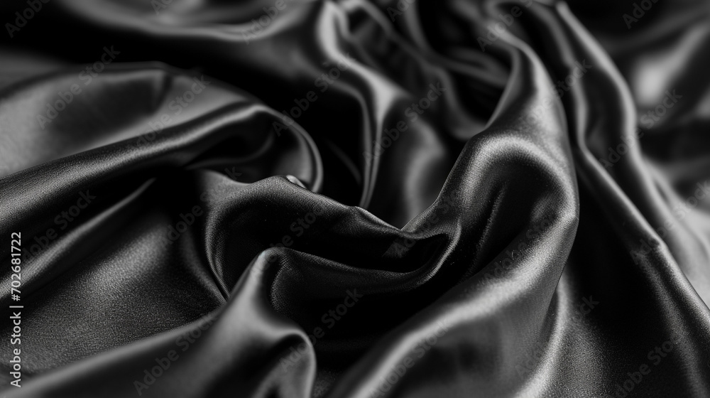 Obraz premium Black silk satin. Dark elegant background with space for design. Creases in fabric. Shiny, soft, smooth. Wide banner. Panoramic. 