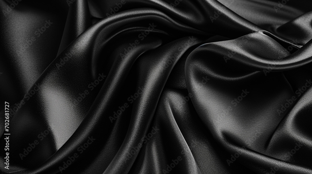 Fototapeta premium Black silk satin. Dark elegant background with space for design. Creases in fabric. Shiny, soft, smooth. Wide banner. Panoramic. 