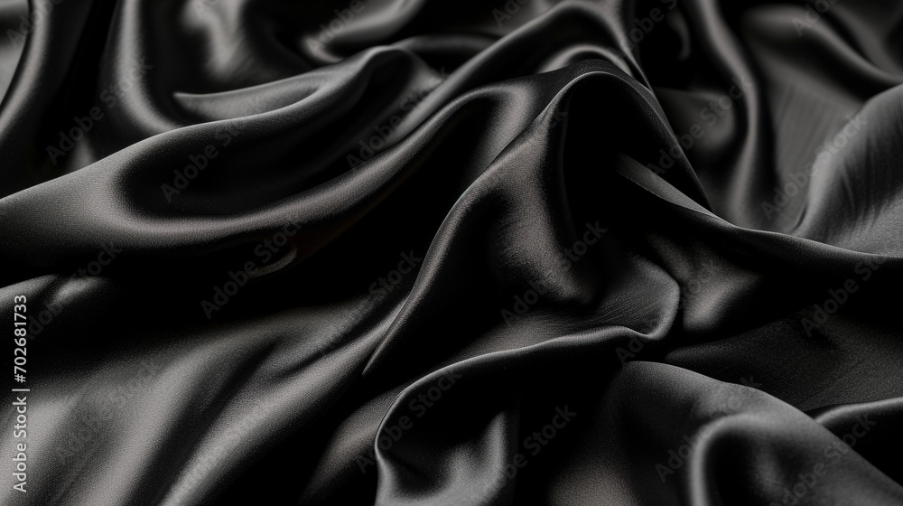 Fototapeta premium Black silk satin. Dark elegant background with space for design. Creases in fabric. Shiny, soft, smooth. Wide banner. Panoramic.