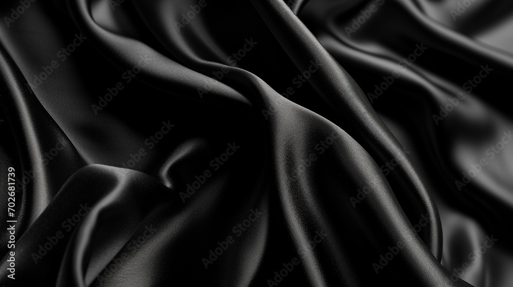 Fototapeta premium Black silk satin. Dark elegant background with space for design. Creases in fabric. Shiny, soft, smooth. Wide banner. Panoramic. 